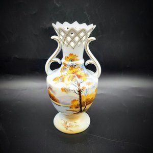 Vintage Reticulated Top Vase With  Handles And Handpainted Fall Country Scene